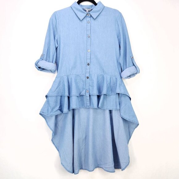 Asymmetrical Ruffle Hem Button-Down Chambray Tunic Top Women Veeveret - Picture 2 of 5